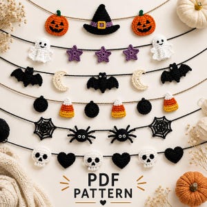 May include: A collection of six horizontal strings featuring various crocheted Halloween ornaments including orange jack-o'-lanterns, a black witch hat, white ghosts, purple stars, black bats, cream moons, candy corn, black spiders, webs, skulls, and hearts.
