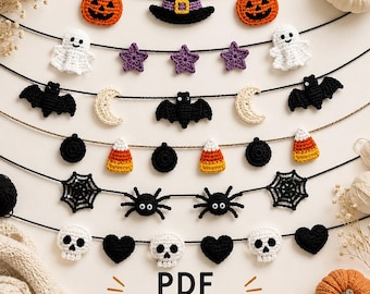 May include: A collection of six horizontal strings featuring various crocheted Halloween ornaments including orange jack-o'-lanterns, a black witch hat, white ghosts, purple stars, black bats, cream moons, candy corn, black spiders, webs, skulls, and hearts.