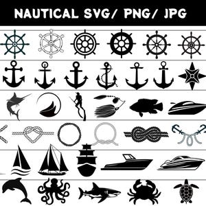 Puede incluir: Una colección de imágenes SVG, PNG y JPG de temática náutica. La imagen presenta varias ilustraciones, incluyendo timones, anclas, rosas de los vientos, barcos y vida marina. El texto "NAUTICAL SVG/PNG/JPG" está en la parte superior.