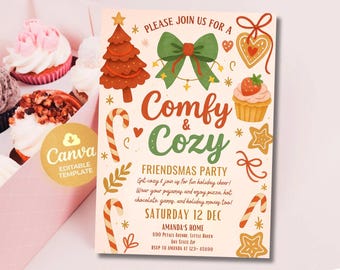 Invitación navideña acogedora y cómoda para amigos, fiesta de pijamas navideña (plantilla de Canvas)
