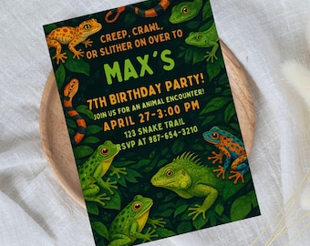 Invitación de cumpleaños con temática de reptiles, animales en acuarela, plantilla editable de Canva (descarga digital)