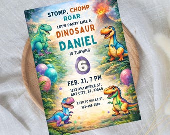 Invitación de cumpleaños de dinosaurios editable, invitación para fiesta jurásica de T-Rex (descarga digital)