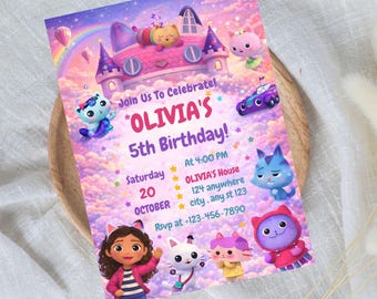Invitación de cumpleaños con temática de casa de muñecas de Gabby, para niños (descarga digital)