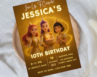 Invitación de cumpleaños de cazadores de demonios de K-Pop – Plantilla editable de Canva (descarga digital)