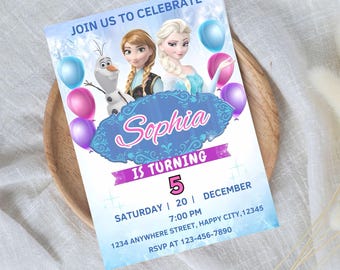 Invitación de cumpleaños de Frozen, invitación para fiesta de Elsa y Anna, invitación editable para fiesta de cumpleaños de Frozen, Frozen Evite, plantilla de Canva