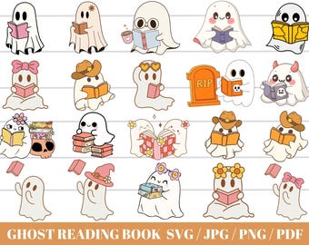 Paquete de imágenes SVG de un lindo fantasma leyendo un libro, estilo retro de Halloween en formato PNG (descarga digital).