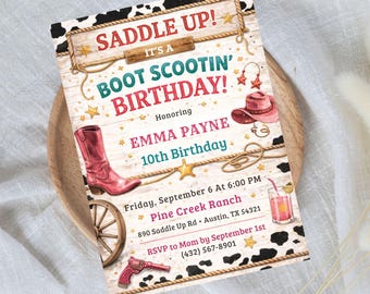 Invitación de cumpleaños con temática de rodeo, invitación para fiesta vaquera, plantilla editable de Canva (descarga digital)