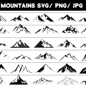 May include: A collection of black and white mountain illustrations in various styles. The image includes the text "MOUNTAINS SVG / PNG / JPG" at the top. The mountains are depicted with sharp peaks and varying levels of detail.