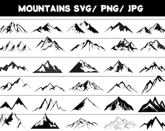 Pacchetto SVG di paesaggi montani, clipart di alberi della foresta disegnati a mano (download digitale)