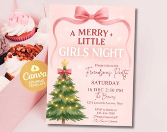 Plantilla de invitación para fiesta navideña de chicas, lazo rosa (descarga digital)