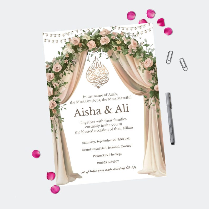 Elegant Islamic Wedding Invitation: Arabic Calligraphy Canva Template ...
