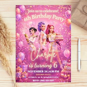May include: A pink birthday party invitation with the text "Join us to celebrate! 6th Birthday Party". The invitation features three animated characters and balloons. The name "Charlotte" is prominently displayed.
