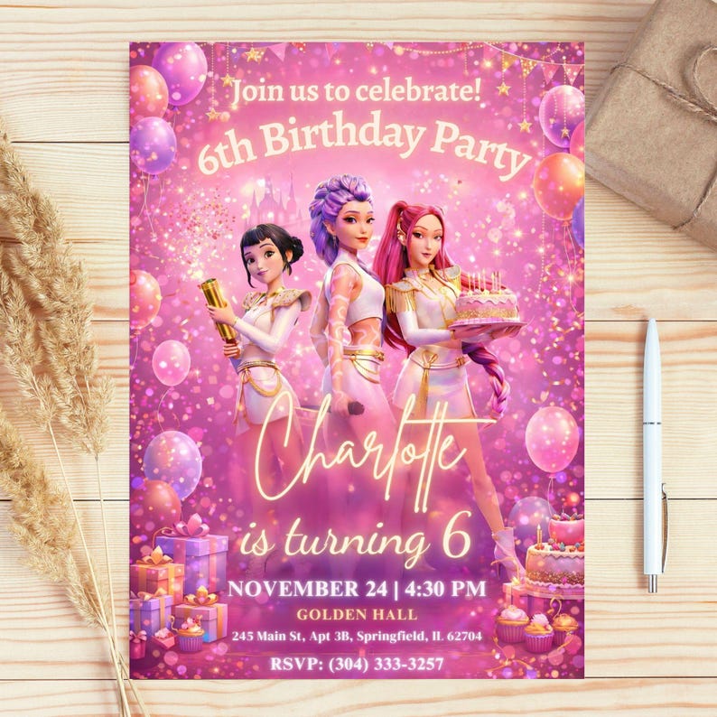May include: A pink birthday party invitation with the text "Join us to celebrate! 6th Birthday Party". The invitation features three animated characters and balloons. The name "Charlotte" is prominently displayed.