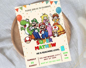 Invitación de cumpleaños de Super Mario, plantilla editable de Canva (descarga digital)