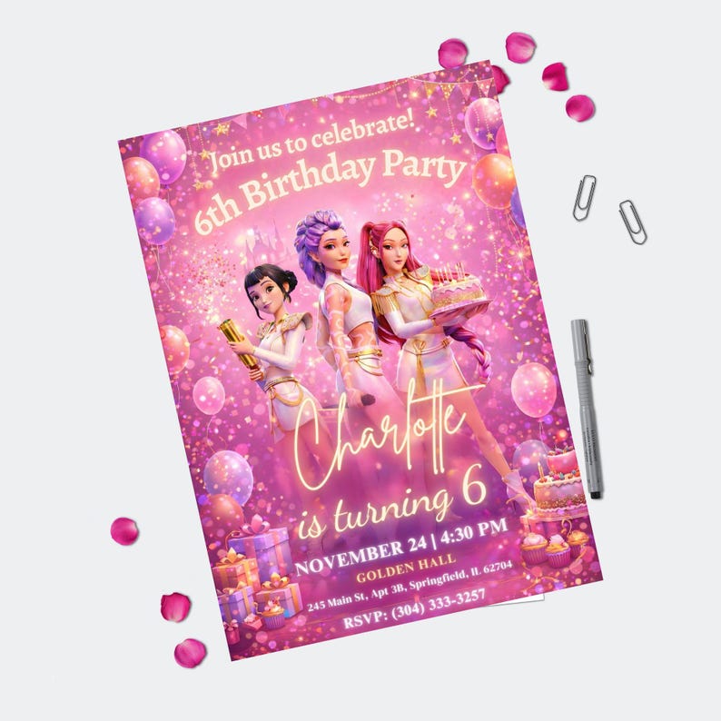 May include: A pink birthday party invitation with the text "Join us to celebrate! 6th Birthday Party". The invitation features three animated figures and the name "Charlotte" with the text "is turning 6". Includes event details.