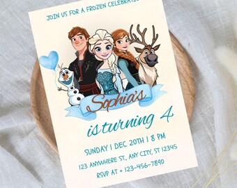 Invitación de cumpleaños de Frozen editable. Invitación de Elsa para fiesta de Frozen. Cumpleaños de nieve invernal. Plantilla de Canva editable para descargar digitalmente.