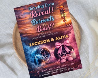 Invitación para revelación de género con diseño de aros o lazos, invitación para baby shower (descarga digital)