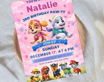 Plantilla editable de invitación de cumpleaños con temática de cachorros (descarga digital)