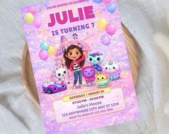 Invitación de cumpleaños con temática de casa de muñecas de Gabby, Pandy (Descarga digital, plantilla editable)