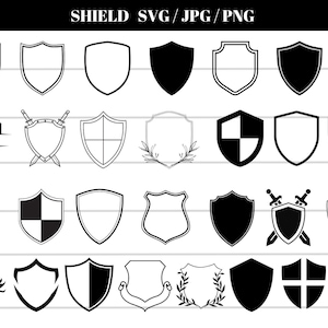 May include: A collection of shield designs in black and white. The shields vary in shape and style, including solid, outlined, and patterned options. The image includes the text "SHIELD SVG / JPG / PNG" at the top.