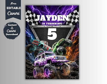 Invitación de cumpleaños editable de Monster Truck / Invitación imprimible (Descarga instantánea)