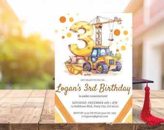 Invitación de cumpleaños número 3 con temática de camión de construcción / Invitación para fiesta de niños con excavadora (descarga digital)