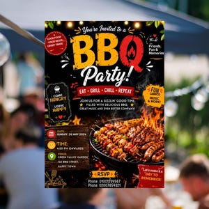 May include: A BBQ Party invitation with a black background and vibrant text. The design includes a grill with food, flames, and the words "Eat, Grill, Chill, Repeat." Details include the date, time, and location for the event.