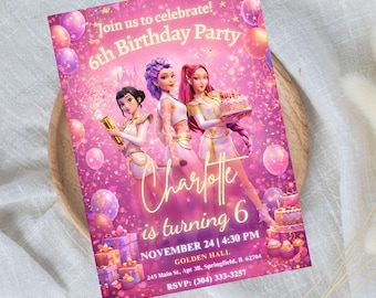 Invitación de cumpleaños editable de Cazadores de Demonios K-Pop - Plantilla de Canva editable - Huntrix, Saja Boys Derpy - Invitación de fiesta imprimible (descarga digital)