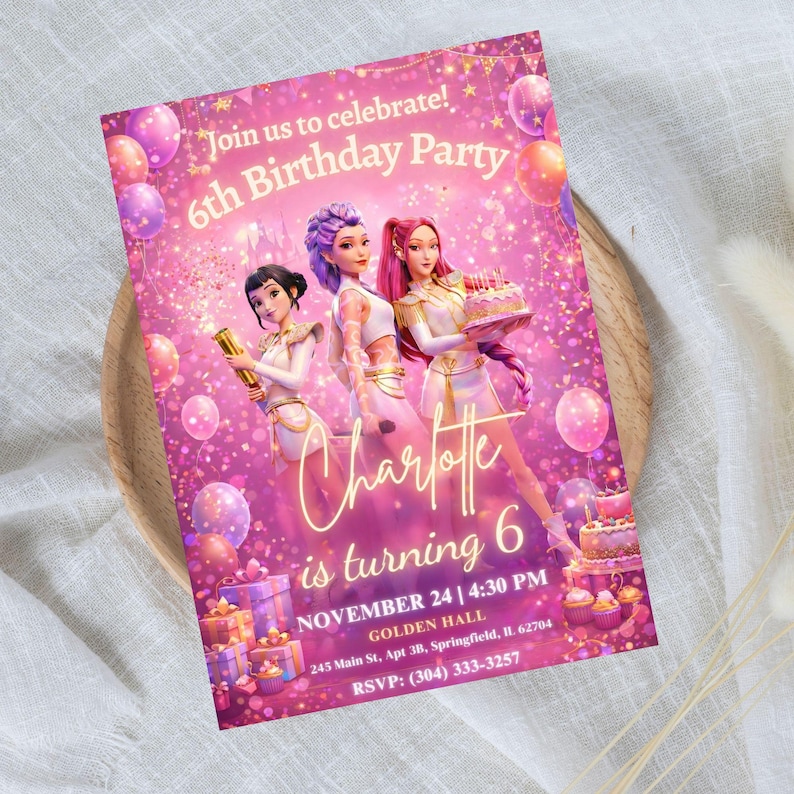 May include: A pink birthday party invitation with the text "Join us to celebrate! 6th Birthday Party". The invitation features three animated figures and the name "Charlotte" in a cursive font. Balloons and gifts are also shown.