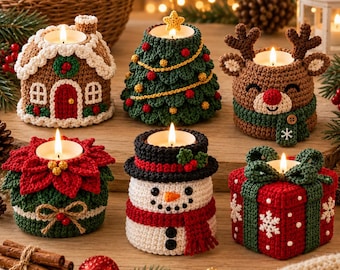 May include: Six crocheted candle holders featuring holiday themes: a gingerbread house, a Christmas tree, a reindeer, a poinsettia, a snowman, and a gift box. Each holder contains a lit tea light candle, showcasing intricate yarn textures.