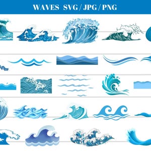 Puede incluir: Una colección de ilustraciones de olas azules en varios estilos. Los diseños incluyen olas rompiendo, crestas de olas estilizadas y patrones de olas simples. El texto "WAVES SVG / JPG / PNG" está en la parte superior.