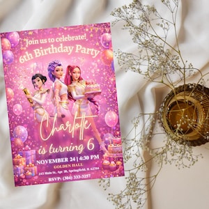 May include: A pink birthday party invitation with the text "Join us to celebrate! 6th Birthday Party" and "Charlotte is turning 6". The invitation features three animated characters and balloons. The date and time are also included.