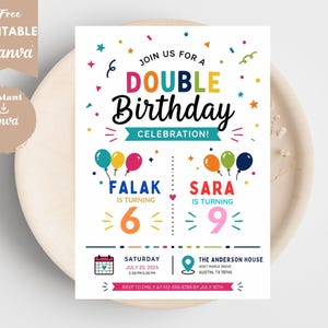 Redigerbar dubbel födelsedagsinbjudan för 2 barn - Färgglad gemensam festinbjudningsmall - Redigera online, ladda ner direkt 5x7" digital fil