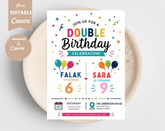 Editable Double Birthday Invitation for 2 Kids - Colorful Joint Party Invite Template - Edit Online, Instantly Download 5x7" Digital File
