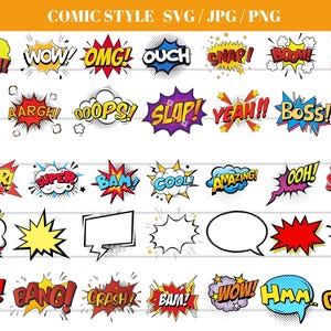 Könnte beinhalten: Eine Sammlung von Sprechblasen im Comic-Stil mit Ausrufen wie "WOW!", "OMG!" und "BOOM!" in fetten, farbenfrohen Schriftarten. Das Bild enthält den Text "COMIC STYLE SVG/JPG/PNG".