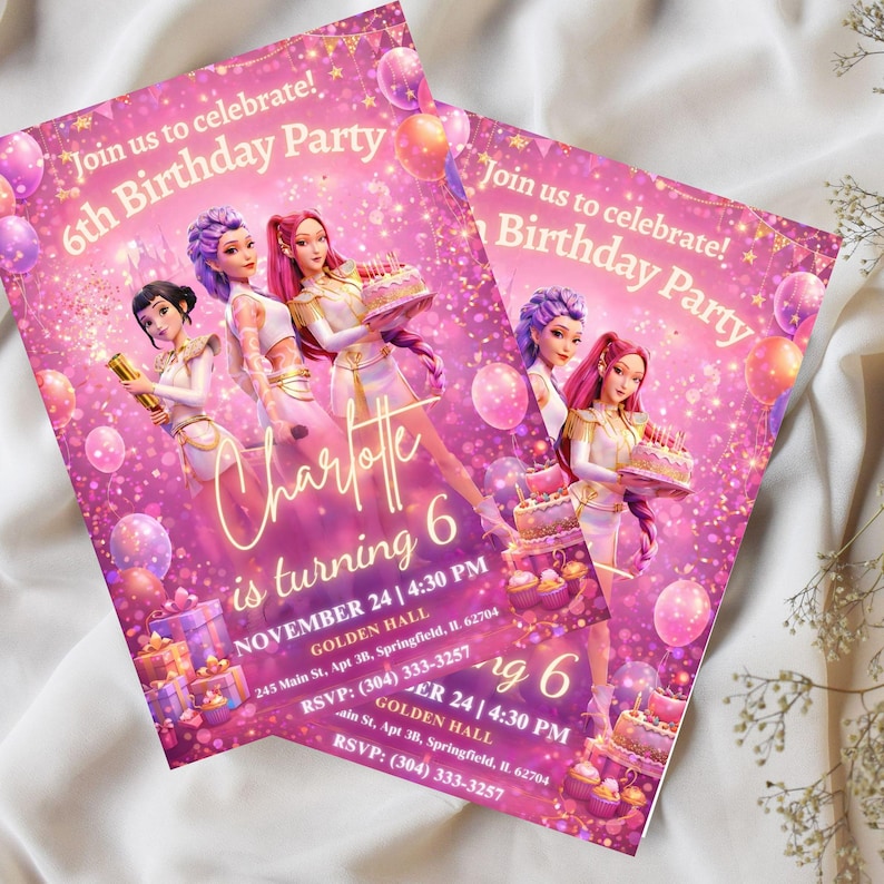 May include: Two pink birthday party invitations with illustrations of animated characters holding cakes. The invitations read "Join us to celebrate! 6th Birthday Party" and include the name "Charlotte" and party details.