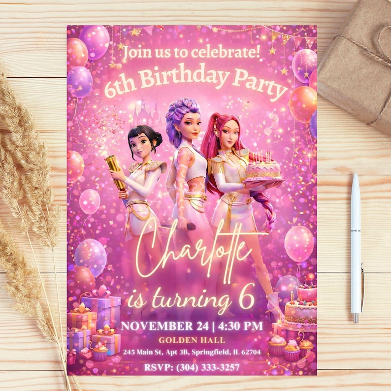 May include: A pink birthday party invitation with the text "Join us to celebrate! 6th Birthday Party". The invitation features three animated figures and the name "Charlotte" with the text "is turning 6". Includes event details.