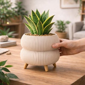 May include: A cream-colored, ribbed ceramic planter with a stacked design, holding a snake plant. The planter has three wooden legs. The snake plant has green and yellow striped leaves. The planter is on a wooden table.