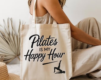 Borsa tote Pilates Is My Happy Hour / Tela di cotone naturale