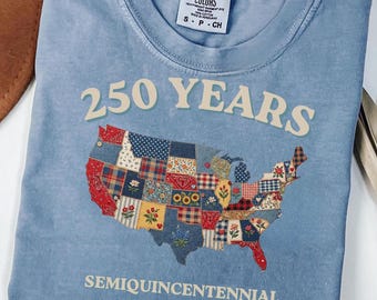 Comfort Colors® Retro Patchwork USA 250 Map Shirt, 4th of July Tee, 250th Anniversary Merch