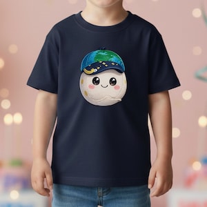 May include: Navy blue t-shirt featuring a cartoon moon character wearing a blue baseball cap with a globe design. The moon has rosy cheeks and a smiling expression. The shirt is designed for children.