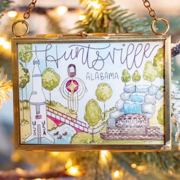 Aquarelornament Huntsville, Alabama – gouden lijst stadsplattegrond