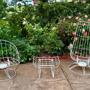 Vintage 1964 Homecrest Riviera patio set – swivel rocker, lounge chair, ottoman, mid-century-modern wrought iron