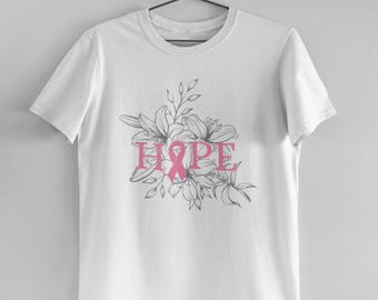 Camiseta contra el cáncer de mama: Flores de esperanza, empoderamiento, concientización y apoyo (blanca)
