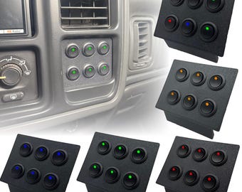 Panel przełączników Silverado/Sierra z lat 99–07 – 6 czerwonych, zielonych, niebieskich, czerwonych i pomarańczowych przełączników dźwigniowych – ramka NBS Chevy GMC