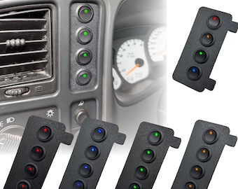 Ramka panelu przełączników Silverado/Sierra z lat 99–07 – 4 przełączniki dźwigniowe (czerwony/zielony/niebieski/pomarańczowy) NBS Chevy GMC Dash