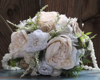 Rustic Chic Bridal Bouquet, Centerpiece with burlap and lace flowers, satin flowers, pearls, Heather, cascading foliage, fabric bouquet