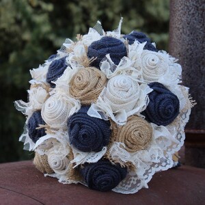 Navy Burlap and Lace Bridal Bouquet, rustic wedding bride's bouquet, rustic romance, burlap bouquet, navy wedding, keepsake bouquet, bride image 1