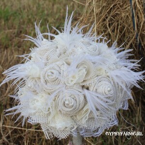 All White / Cream Burlap, Lace, Feathers, and Pearls Rustic Chic Bridal Wedding Bouquet, Fabric Bouquet, Keepsake, Bride's Bouquet image 4