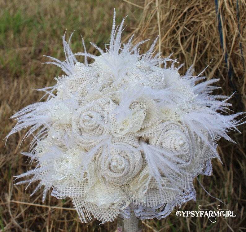 All White / Cream Burlap, Lace, Feathers, and Pearls Rustic Chic Bridal Wedding Bouquet, Fabric Bouquet, Keepsake, Bride's Bouquet image 4